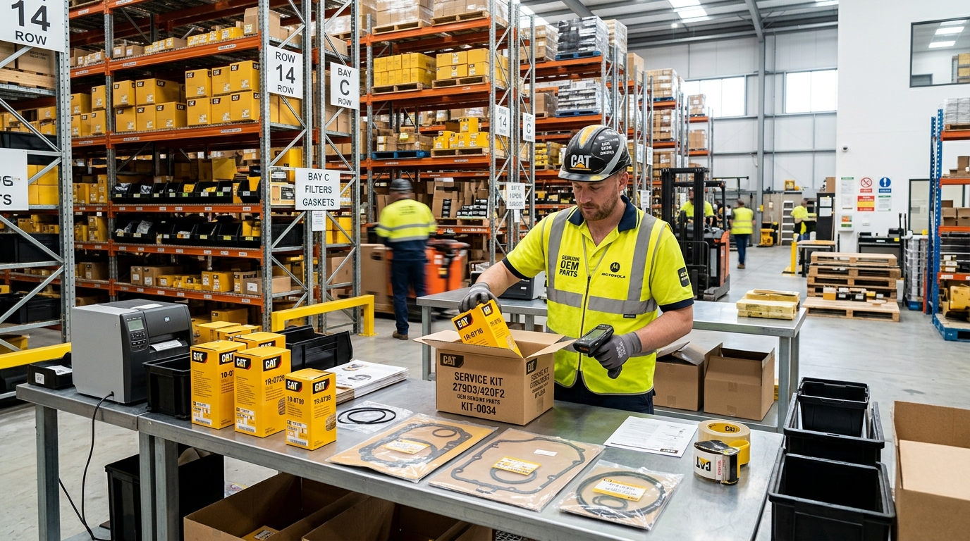 Warehouse logistics personnel packaging pre-allocated OEM service kits for rapid field dispatch