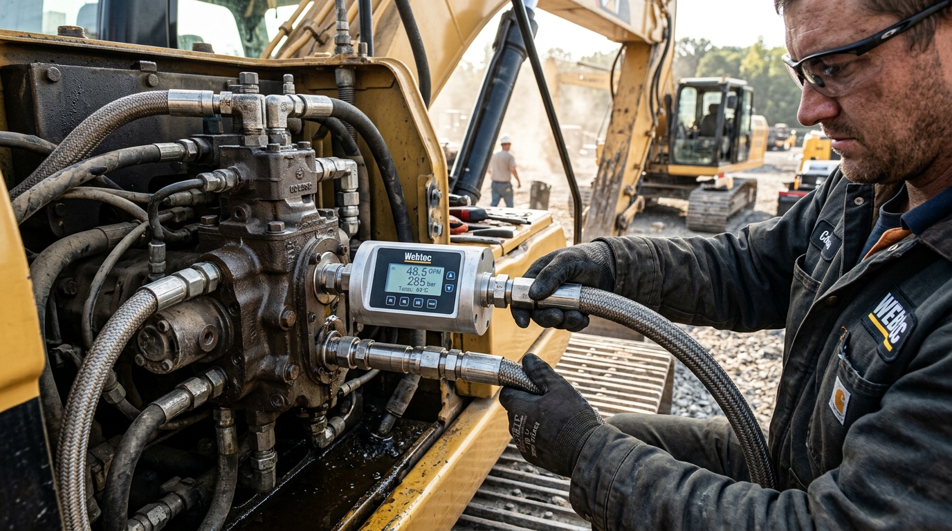 Technician attaching high-pressure digital flow meter to excavator main control valve block