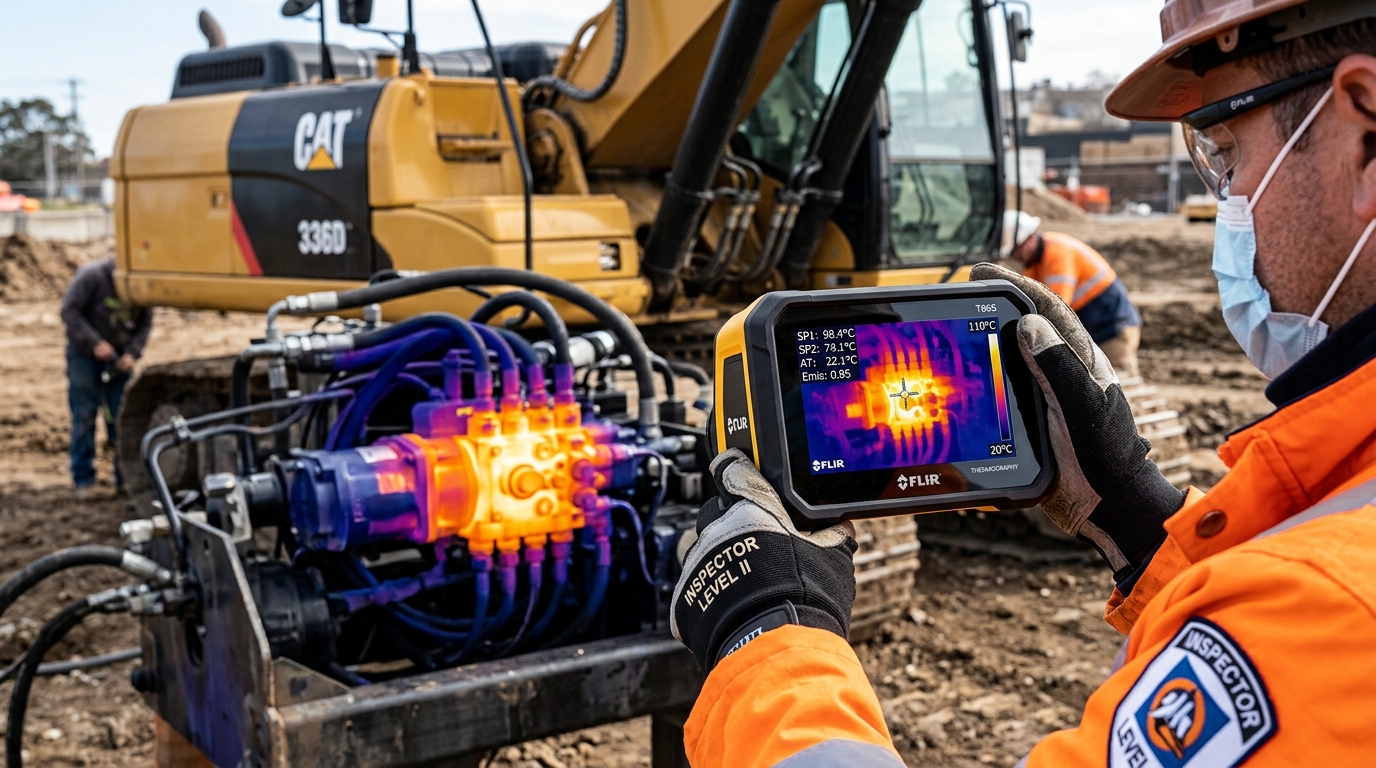 Thermographic camera scan revealing localized overheating in machine hydraulic pump and bearings