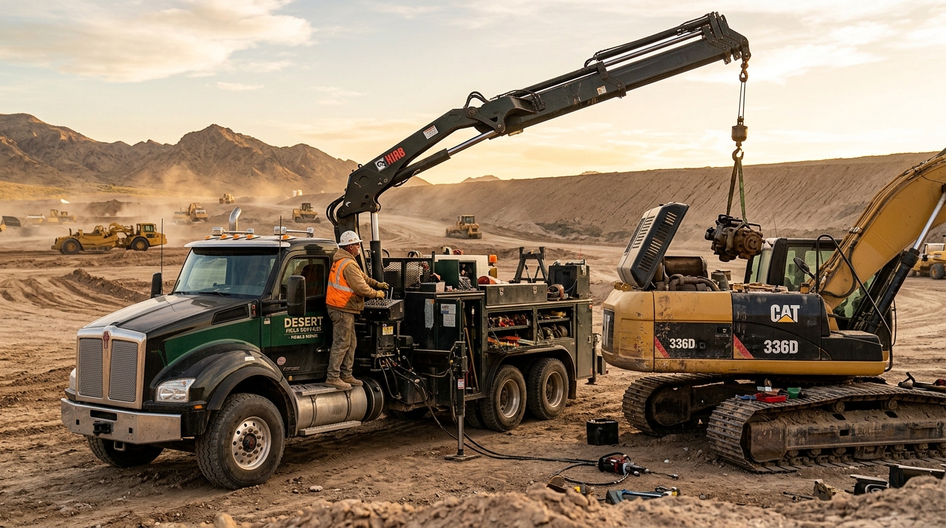 Heavy-duty MEDCO mobile service truck with articulated crane attending to machinery on a remote desert jobsite