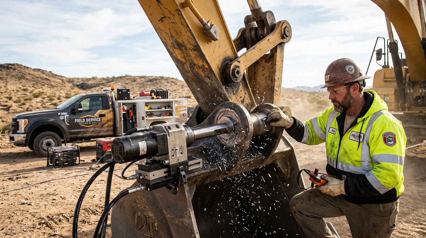 Field engineer operating automated line boring machine on heavy excavator bucket pivot bosses