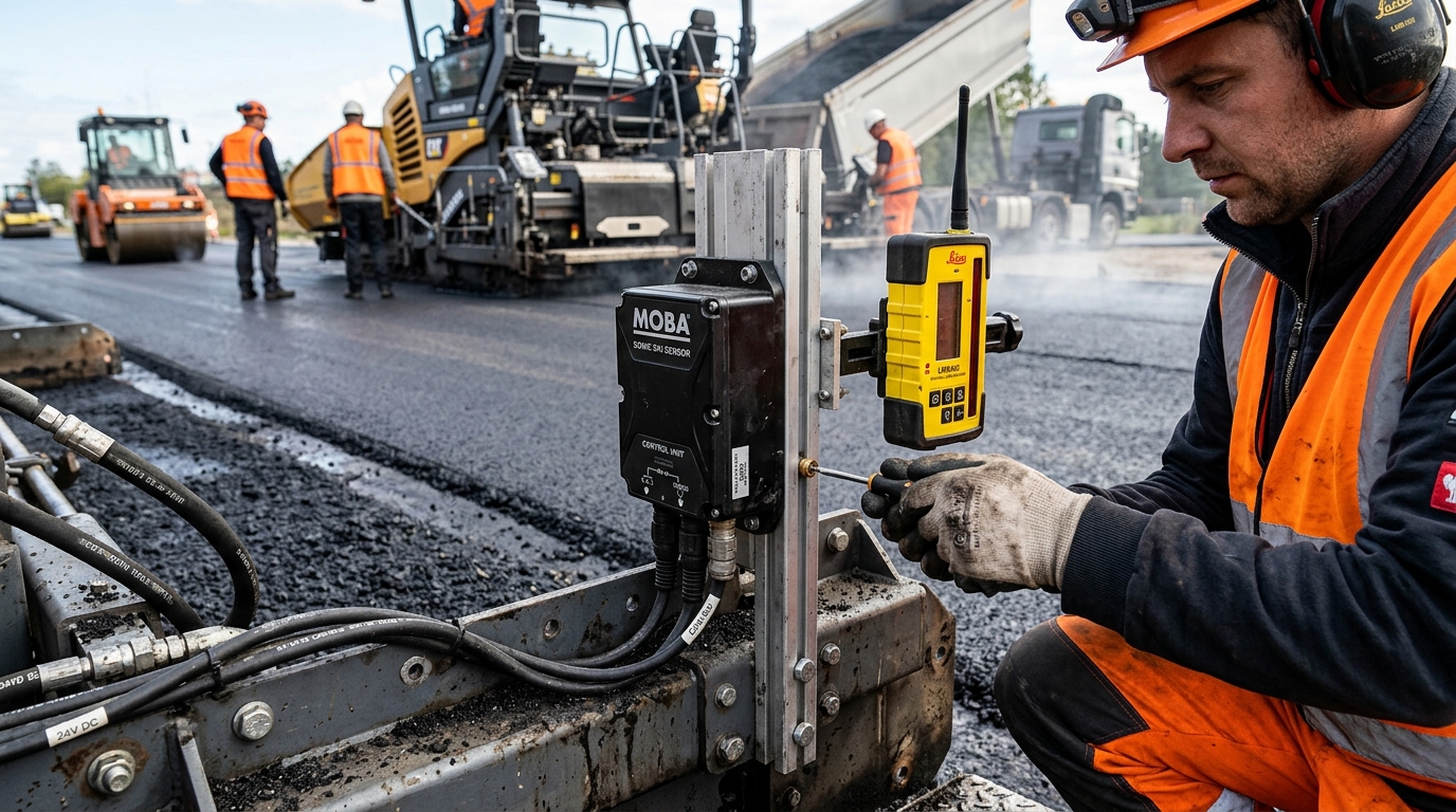 Laser level and ultrasonic grade-control calibration system mounted on heavy road surfacing machine