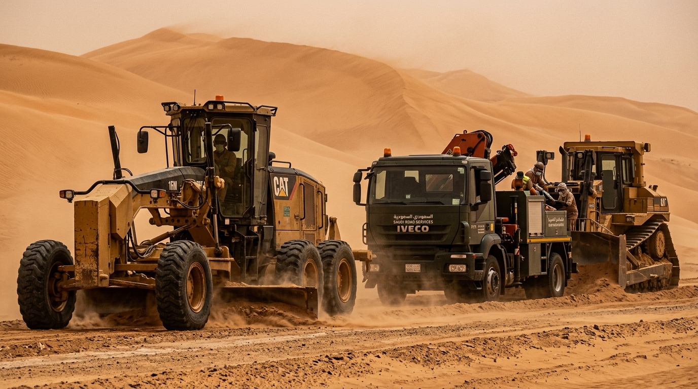 Heavy construction equipment operating reliably in severe desert sandstorm conditions