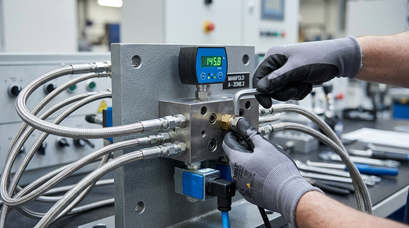 Close-up of industrial electro-hydraulic proportional control valve manifold with diagnostic test couplers