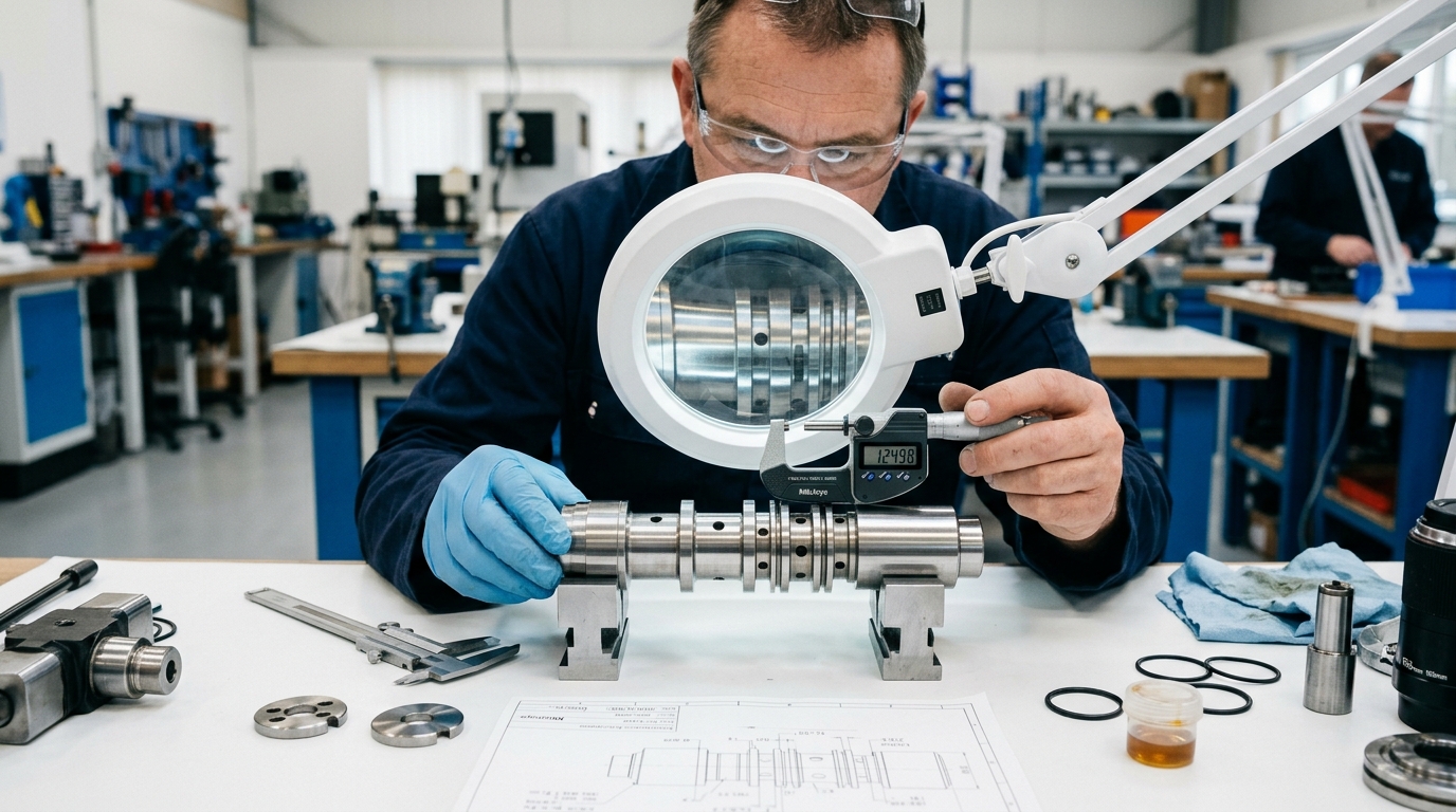 Senior hydraulic technician tuning relief valve pressures on a multi-section hydraulic test bench