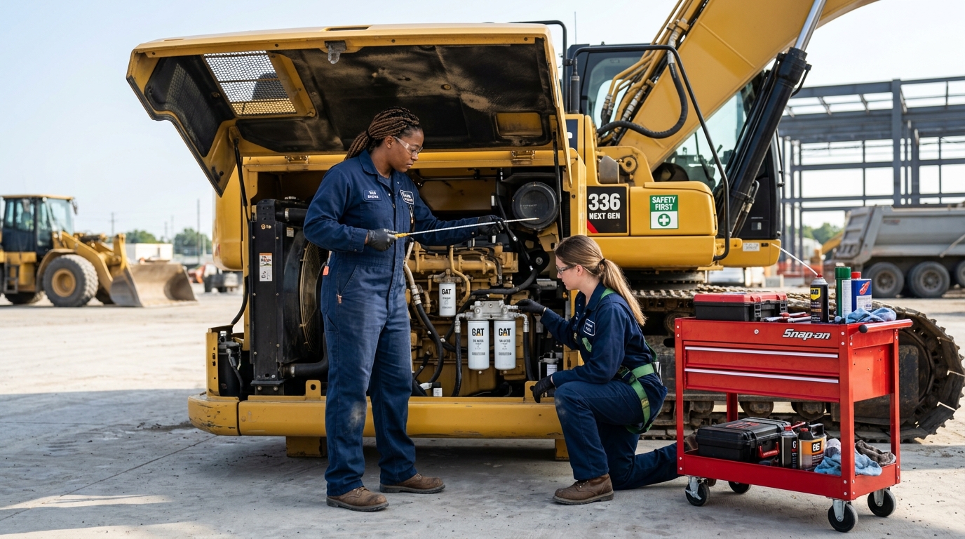MEDCO certified technician conducting fluid sampling and filter replacement on a heavy diesel engine