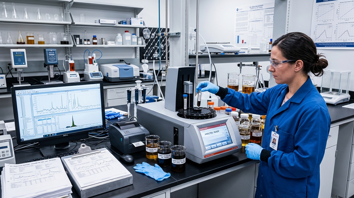 Laboratory spectrometer oil analysis kits testing heavy machinery fluid for wear metals and silica