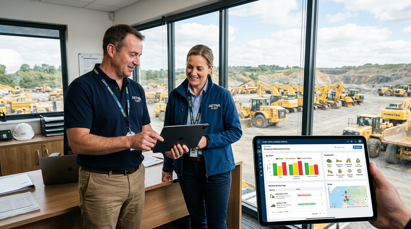 Digital tablet interface displaying complete lifecycle maintenance records and component wear trends