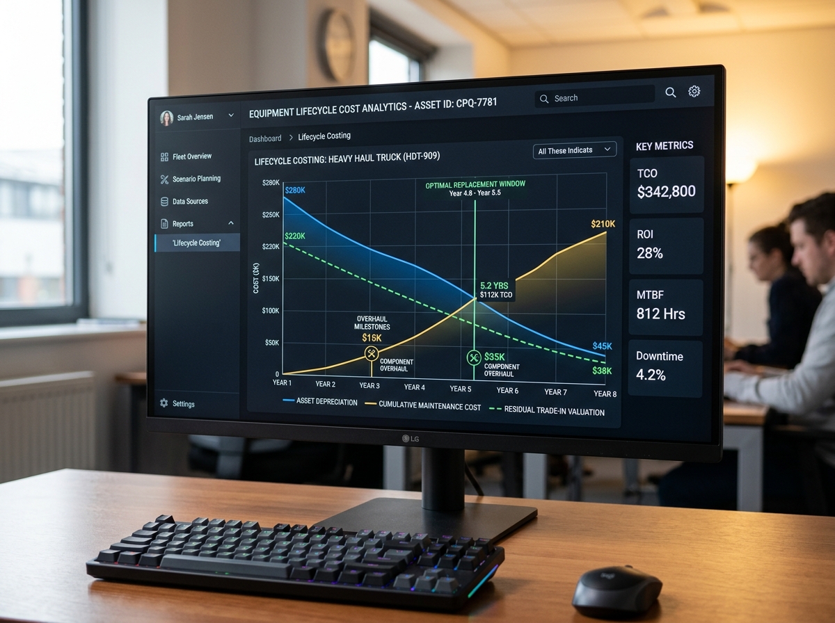 Computer analytical chart displaying equipment residual value retention curves versus maintenance investments
