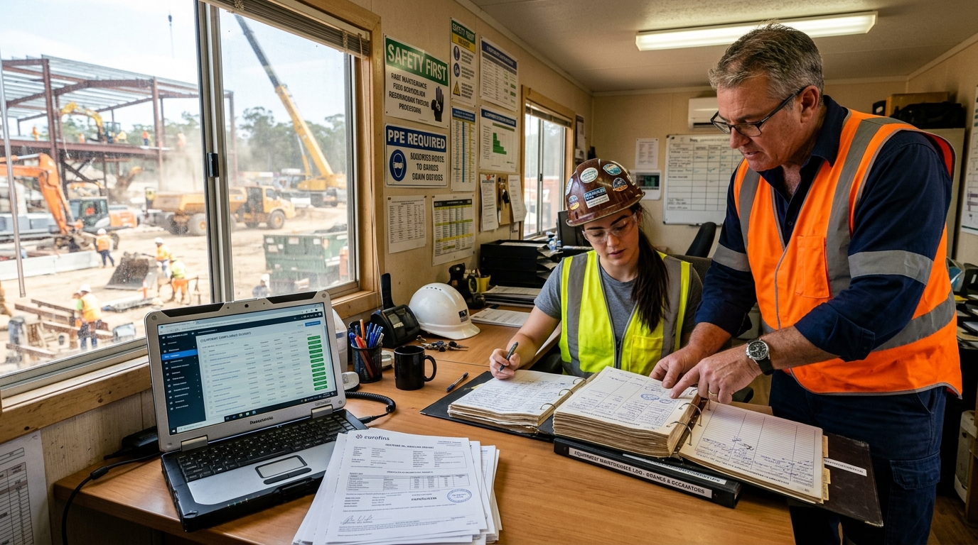 Fleet manager and MEDCO engineer auditing printed digital service records and oil analysis history