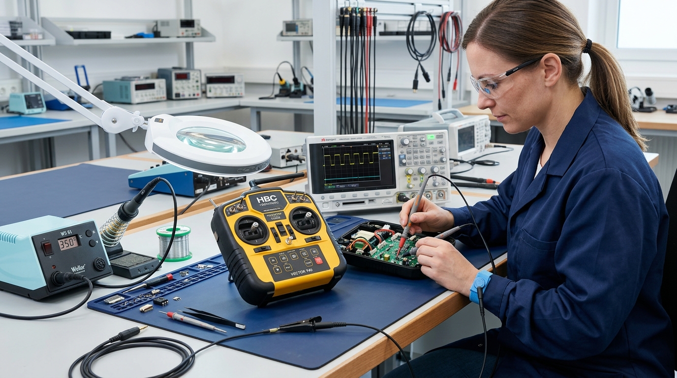 Industrial radio remote transmitter console on dedicated electronic repair workbench with RF testing display