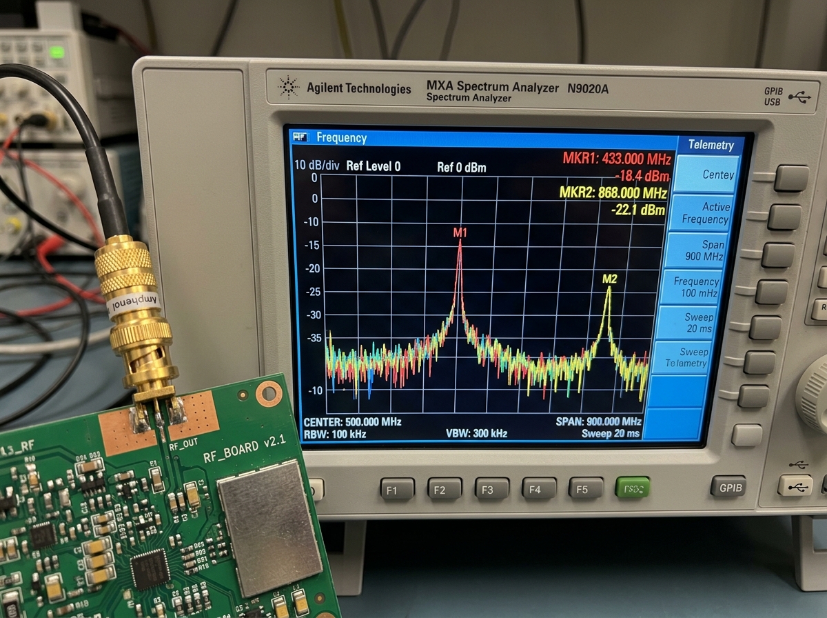Digital RF spectrum analyzer validating transmission frequencies, power output, and receiver handshake