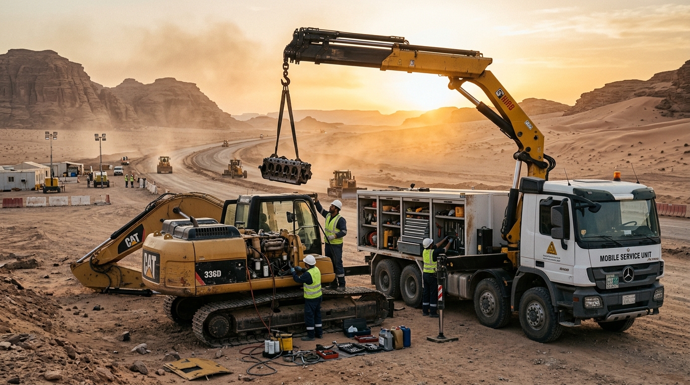 On-Site Field Service - Mobile service crane truck working on machinery in the Saudi desert