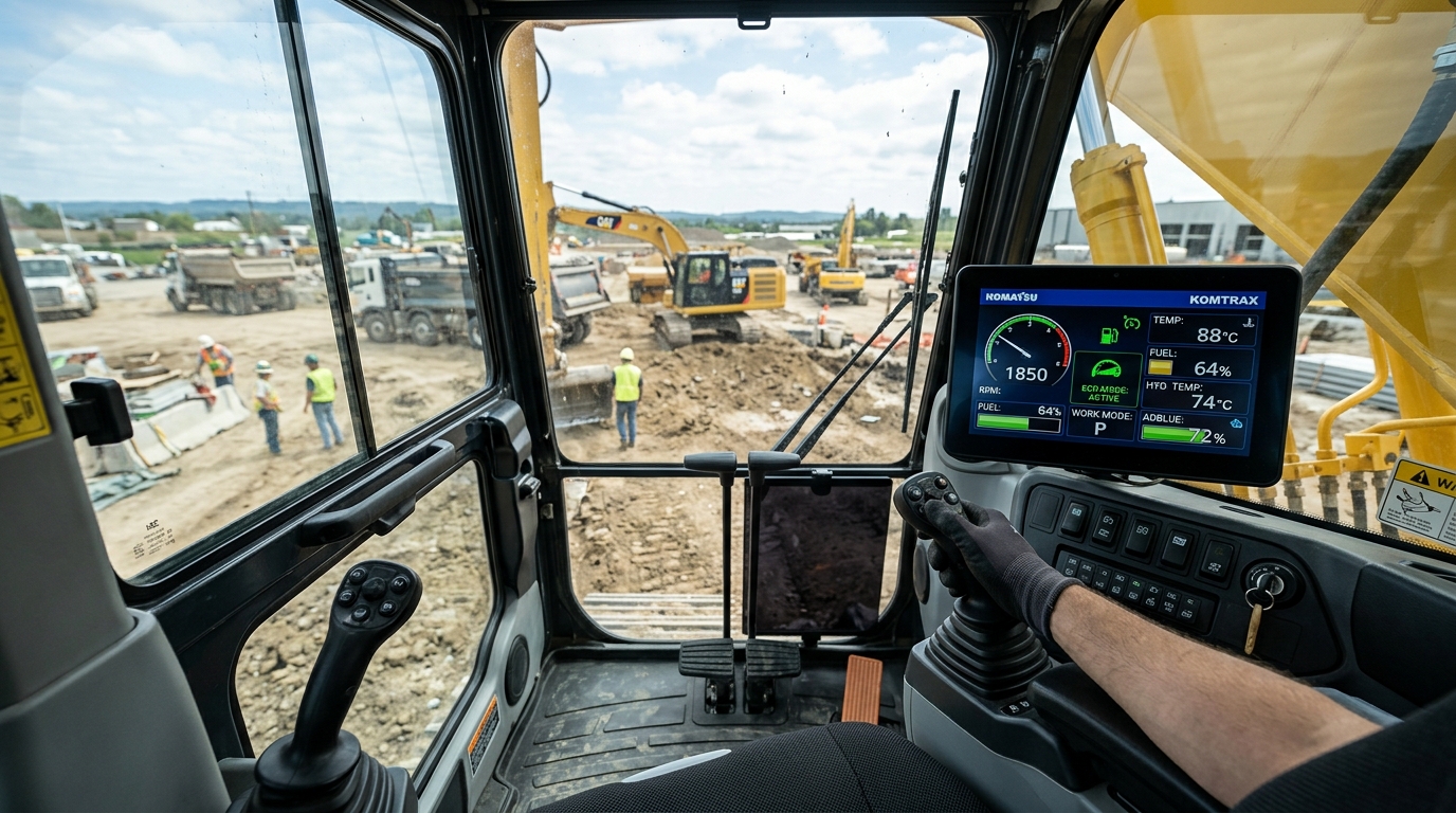 In-cab machine display showing engine load percentages, eco-mode settings, and diagnostic symbols