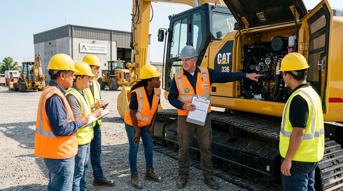 MEDCO certified trainer demonstrating proper engine bay pre-check to heavy machinery operator group