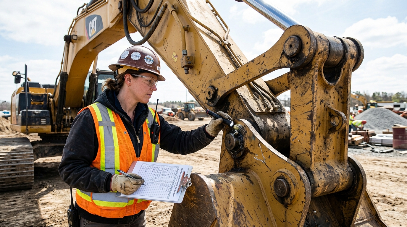 Operator carrying out standardized walkaround inspection with visual checklist on heavy excavator