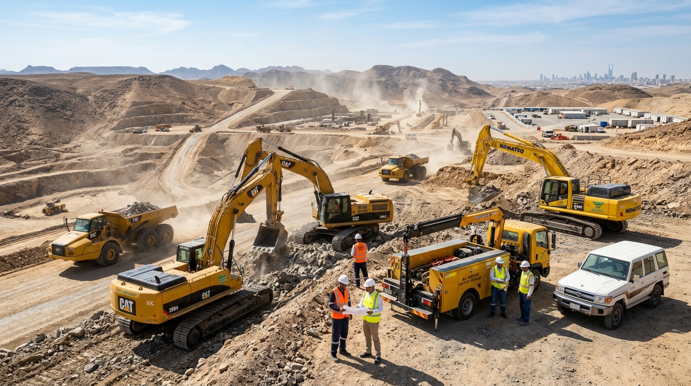 Heavy equipment fleet aligned on major Saudi infrastructure development site ready for deployment