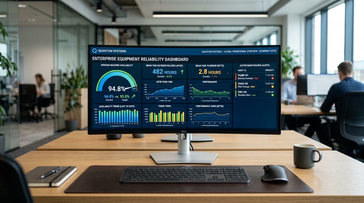 Fleet telematics dashboard displaying real-time equipment availability, MTBF, and MTTR metrics