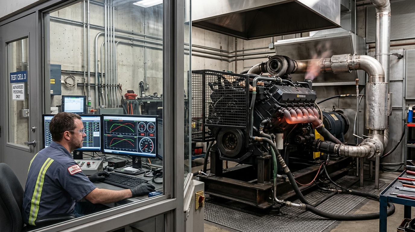 Heavy-duty dynamometer testing facility validating diesel horsepower and torque curves under full load