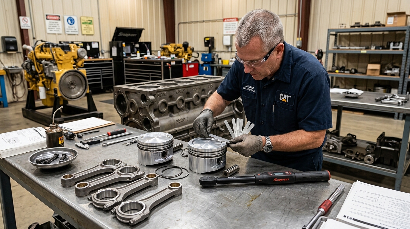 Engine master technician measuring crankshaft journal tolerances with micrometer during assembly
